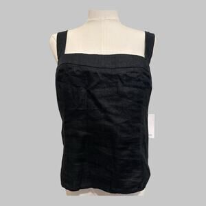 Quince European Linen Smocked Zip Sustainable Adj. Straps Black lined Tank Top M